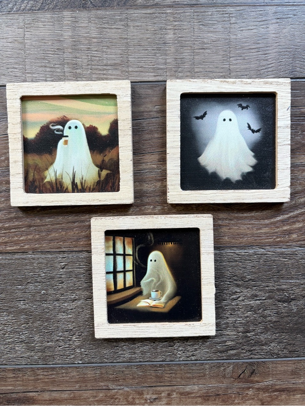 Wood-Framed Coffee Ghost Magnet Trio Neutral & White Halloween Decor 3”x3” each
